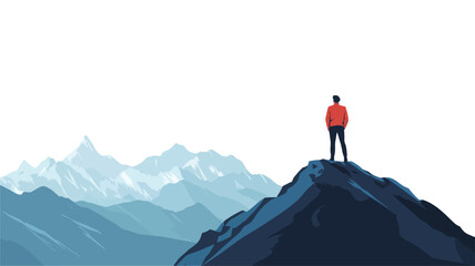 The image shows a stylized illustration or digital painting.  A single person, depicted in a simple, dark silhouette with a red jacket, stands on the peak of a dark-colored mountain. The