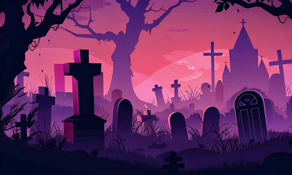 A spooky graveyard scene at dusk, featuring tombstones, crosses, and a haunted atmosphere.