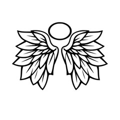 Angelic wings and halo design, minimalist black and white illustration.
