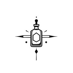 Black-and-white minimalist liquor-themed illustration: a bottle with a hexagonal shield.