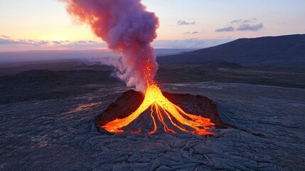 Volcanic Eruption Sunset  Fiery Lava Flow  Dramatic Ash Plume