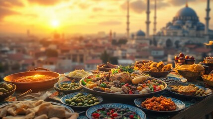 Obraz premium Exquisite Turkish Cuisine Spread Against an Istanbul Sunset Background