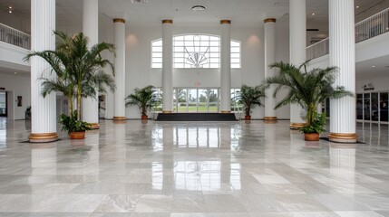 Fototapeta premium Grand White Lobby with Palm Trees and Large Windows