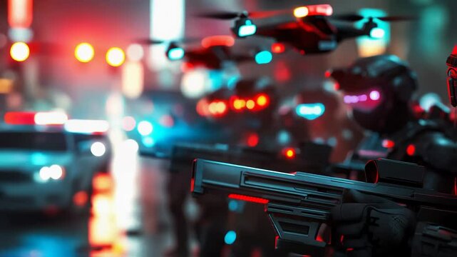 Futuristic cybernetic soldiers in black armor with glowing red visors, heavily armed in a dystopian cityscape. Sci-fi, artificial intelligence, cyberpunk, advanced warfare, technology.