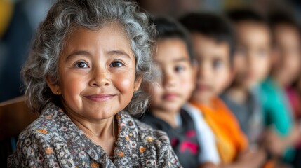 Fototapeta premium Portrait of a Young Girl with Gray Hair and a Sweet Smile, Surrounded by Other Children