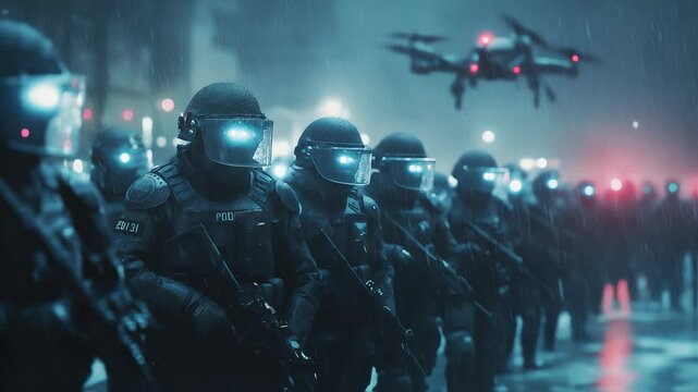 Cybernetic riot police in heavy armor with glowing visors, patrolling a futuristic dystopian city. Law enforcement, urban control, cyberpunk security, technological authority, dystopian future.