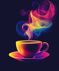 Abstract colorful coffee cup art with swirling steam