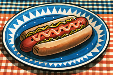 hot dog with mustard and ketchup on funny background cartoon illustration fast food
