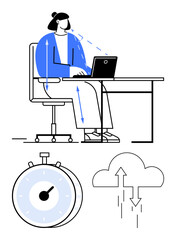 Person typing at desk with directional arrows, stopwatch, and cloud data sync visuals. Ideal for productivity, time management, remote work, tech processes, efficiency, cloud storage abstract line