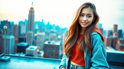 Modern rooftop portrait capturing stylish young woman in scenic city skyline vantage