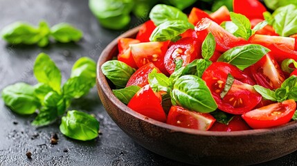 Fresh tomato basil salad in bowl, dark background. Food photography for recipe websites