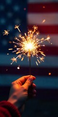 glowing sparkler in hand against a festive 4th of july background with fireworks, red, white, and blue colors celebrating american independence day