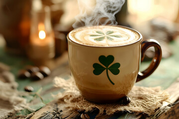 Irish coffee with a frothy clover pattern on top in a steaming mug.