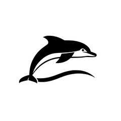 Simplified black and white illustration of a leaping dolphin, isolated on a clean white background.