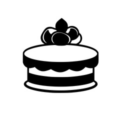 Black-and-white illustration of a layered cake with berries on top against a stark white background, minimalist style.