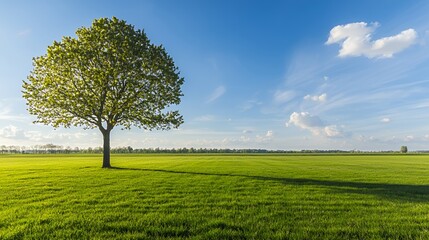 Obraz premium Single Deciduous Tree in a Vast Green Field Under a Bright Sunny Sky
