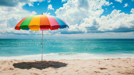 Colorful beach umbrella isolated on white. Summer vacation and beach party concept. Bright sun protection accessory vector illustration.