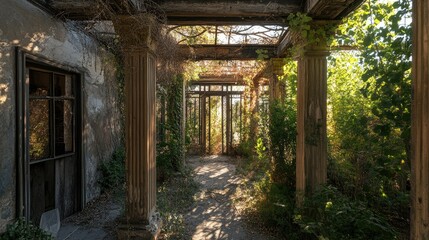 Abandoned Colonnade Sunlight Path