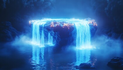 Glowing waterfall island fantasy scene