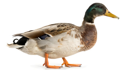 A Duck Standing on a White Background with Partially Open Wings: Showcasing Brown, White, and Black Feathers with a Yellow Beak and Orange Feet
