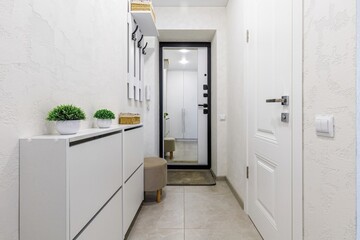 Minimalist White Hallway with Mirror and Storage Cabinet