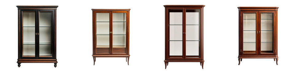 Obraz premium Luxurious Wooden Display Cabinets with Glass Doors and Shelves for Classic Home Decor Interior Design Office Furnishings and Retail Store Organization