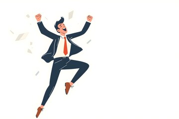 Fototapeta premium A man in a suit is jumping up and down with his arms raised, looking happy