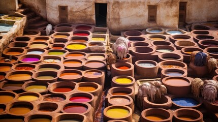Traditional ancient leather processing techniques. Tannery with many stone vats filled with colorful dye.