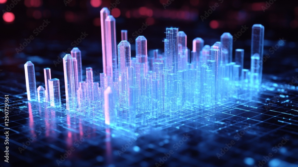 Poster d bar graph with transparent bars on a digital grid, glowing neon lines on the base, creating a high