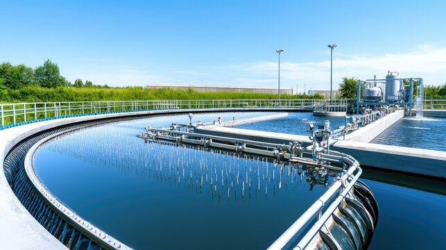 A modern water treatment facility featuring circular tanks with clear water, surrounded by greenery under a bright blue sky.
