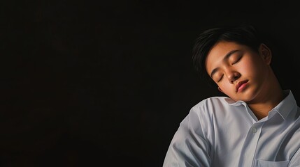 Obraz premium Peaceful yet melancholic portrait of a young boy resting with eyes closed, lost in thought and emotion