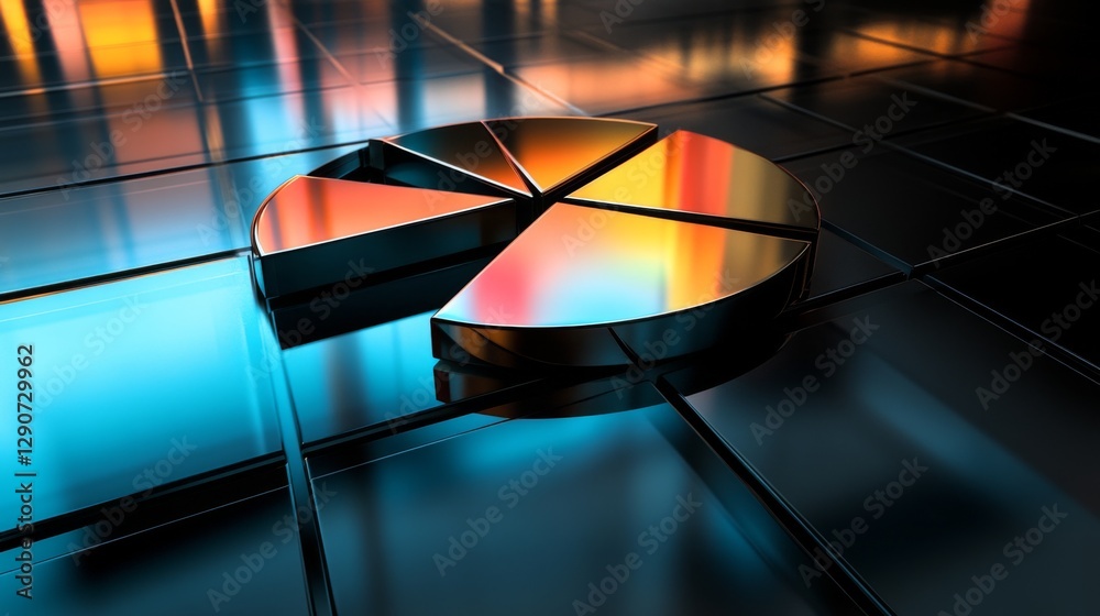 Poster abstract d pie chart with metallic finishes on each slice, arranged on a reflective surface, creatin