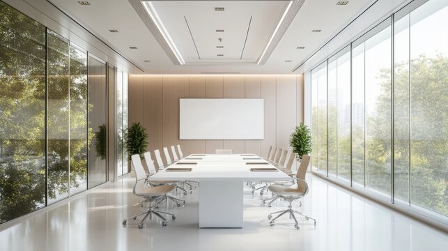 A modern boardroom with white furniture, large windows, and a clean, open-concept design.