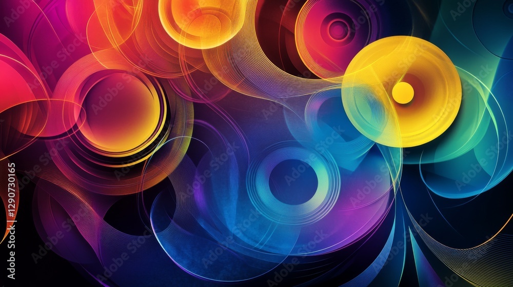 Aufkleber Abstract graphic with circular forms and swirling lines in bold colors, conveying a sense of energy and movement on a dark gradient background
