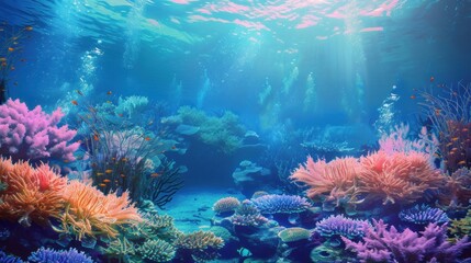 Fototapeta premium Vibrant Underwater Coral Reef Paradise: A mesmerizing ocean scene showcasing a diverse array of coral formations and marine life in their natural habitat.