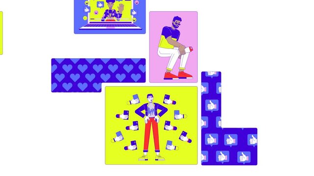 Social media popularity and influencers culture bento grid animation. Diverse content creators likes followers collage motion 4K video web design. Animated cartoon characters collection mood board
