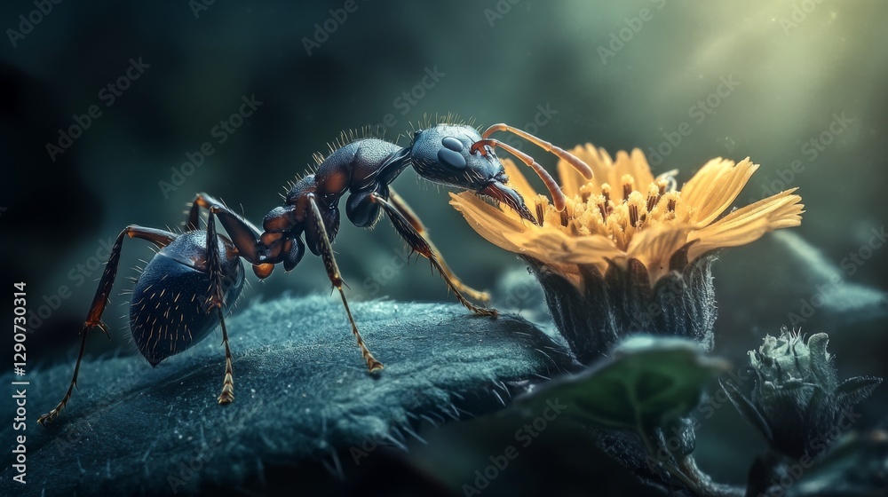 Poster ants interacting with a delicate flower on a leaf, highlighting the symbiotic relationship between i