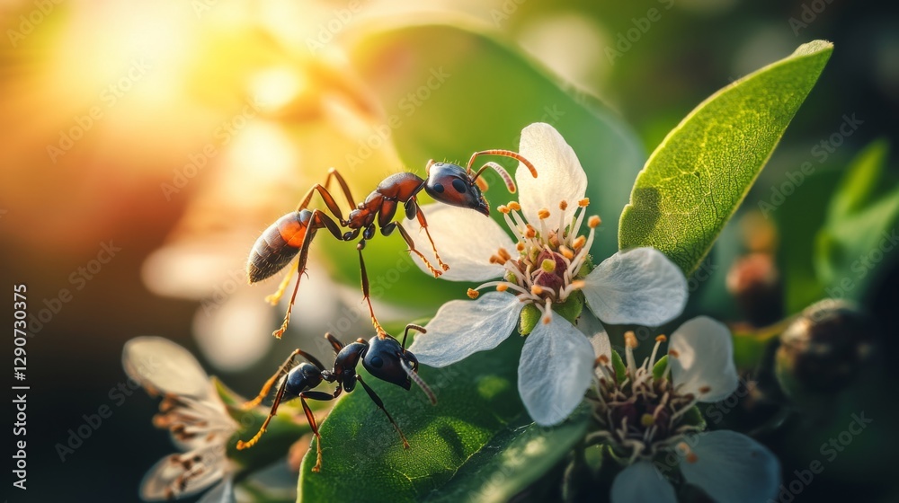 Poster ants interacting with a delicate flower on a leaf, highlighting the symbiotic relationship between i