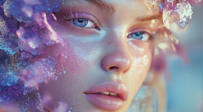 beautiful girl of model appearance with shining and iridescent skin with vibrating colors. Fashion and glamour concept.