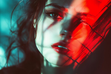 A hyperrealistic cinematic portrait of a woman with captivating eyes, bathed in dramatic red and teal lighting. Shadows from leaves create an artistic pattern on her face 