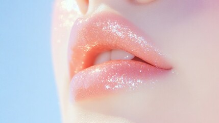 Fototapeta premium Glossy lips shine in natural light with a hint of sparkle during a bright day