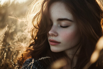 Close-up portrait of a young woman with delicate freckles, long wavy chestnut hair, and fair skin, standing in a golden wheat field during late afternoon. Her eyes are gently closed 