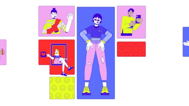 Social media trends and digital identity bento grid animation. Diverse influencers, content creators likes collage motion 4K video web design. Animated cartoon characters collection mood board