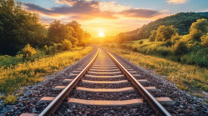 Fototapeta premium An artistic view of train tracks converging into the distance, with a dramatic sunset casting long shadows and creating a sense of journey and adventure