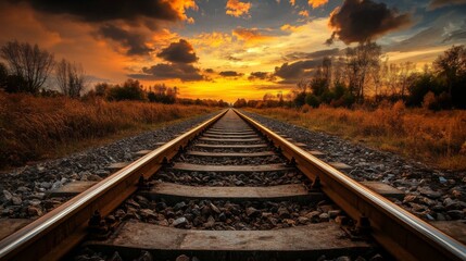 Fototapeta premium An artistic view of train tracks converging into the distance, with a dramatic sunset casting long shadows and creating a sense of journey and adventure