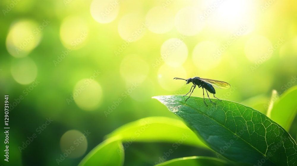 Poster an insect perched on a bright green leaf, with sunlight filtering through the foliage, creating a so