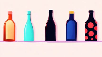 Colorful collection of creative glass bottles lined up on a shelf in a minimalist setting