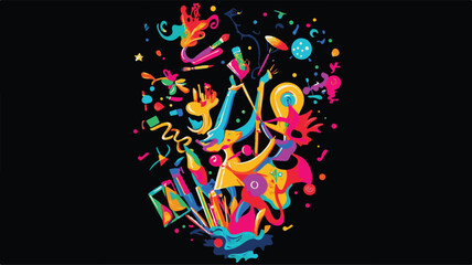 Group of diverse friends dancing and jumping at a party They are all wearing casual clothes and are having a great time and  People are silhouetted in front of a colorful background Art & Illustration
