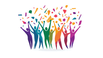 Group of diverse friends dancing and jumping at a party They are all wearing casual clothes and are having a great time and  People are silhouetted in front of a colorful background Art & Illustration