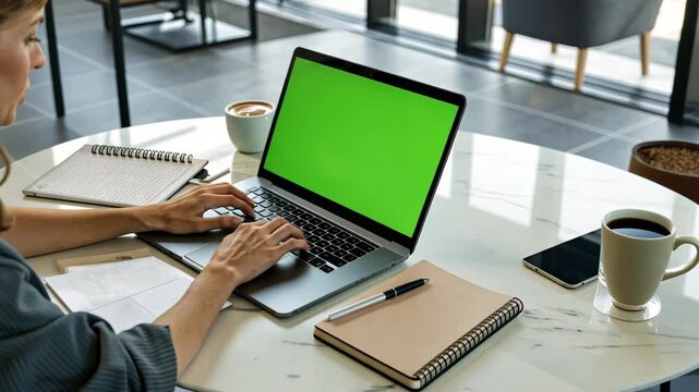 Laptop Computer Monitor Standing on a Desk with a Green Screen Chroma key. Green Screen Display with Isolated Placeholder for easy keying. 